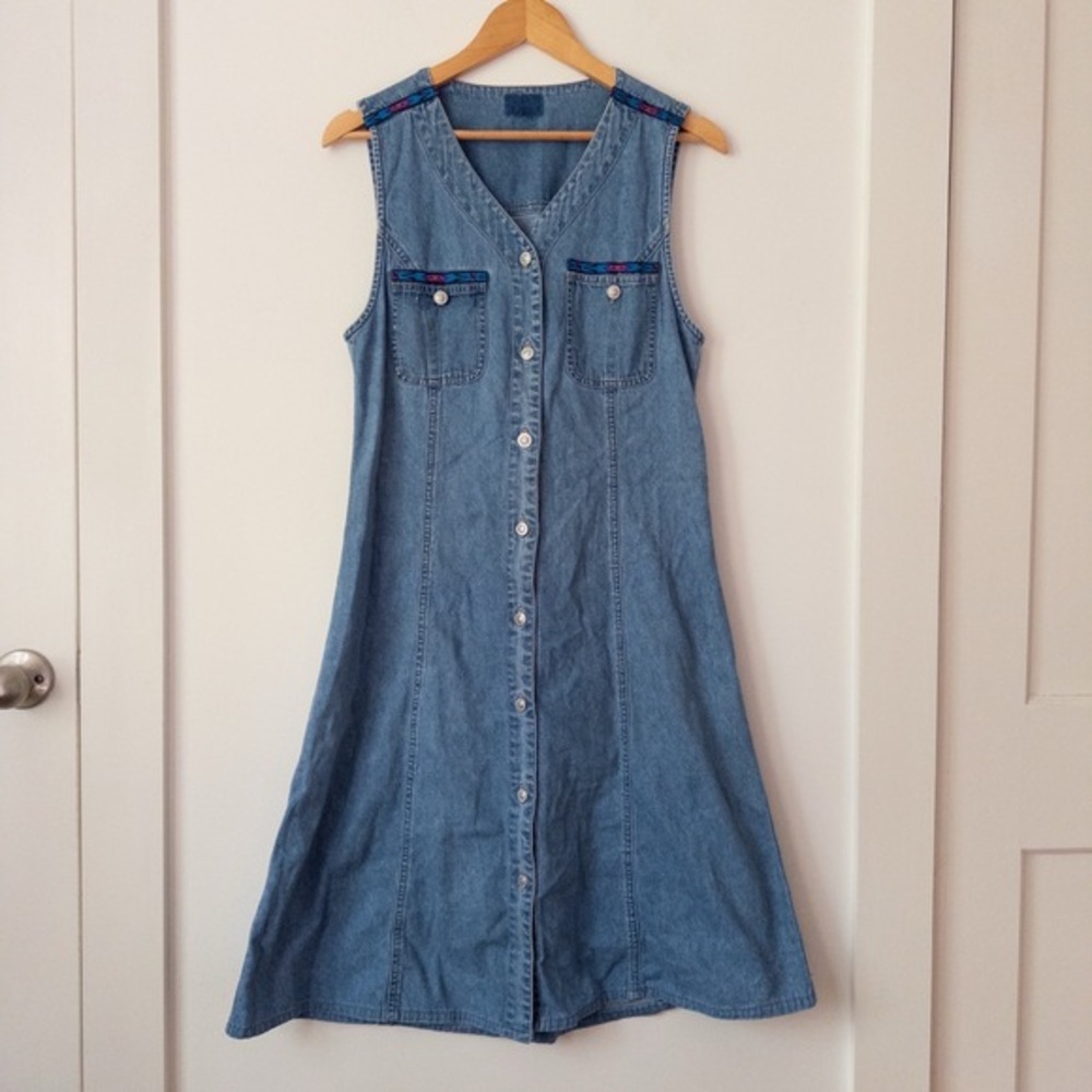 Vintage Y2K Sleeveless‎ Denim Button Down Dress Medium Western Grunge 90s Retro